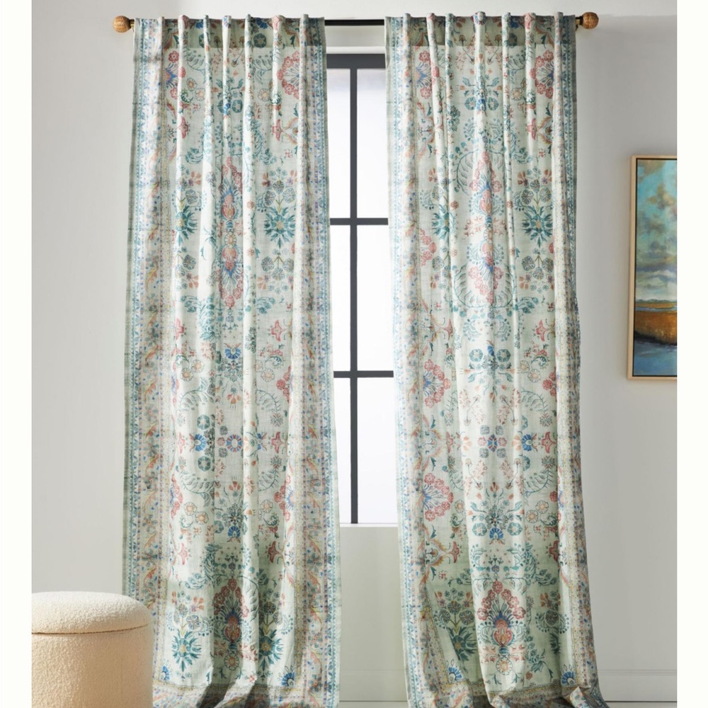 Anthropologie Teal, Coral & Cream Floral Panel Curtains